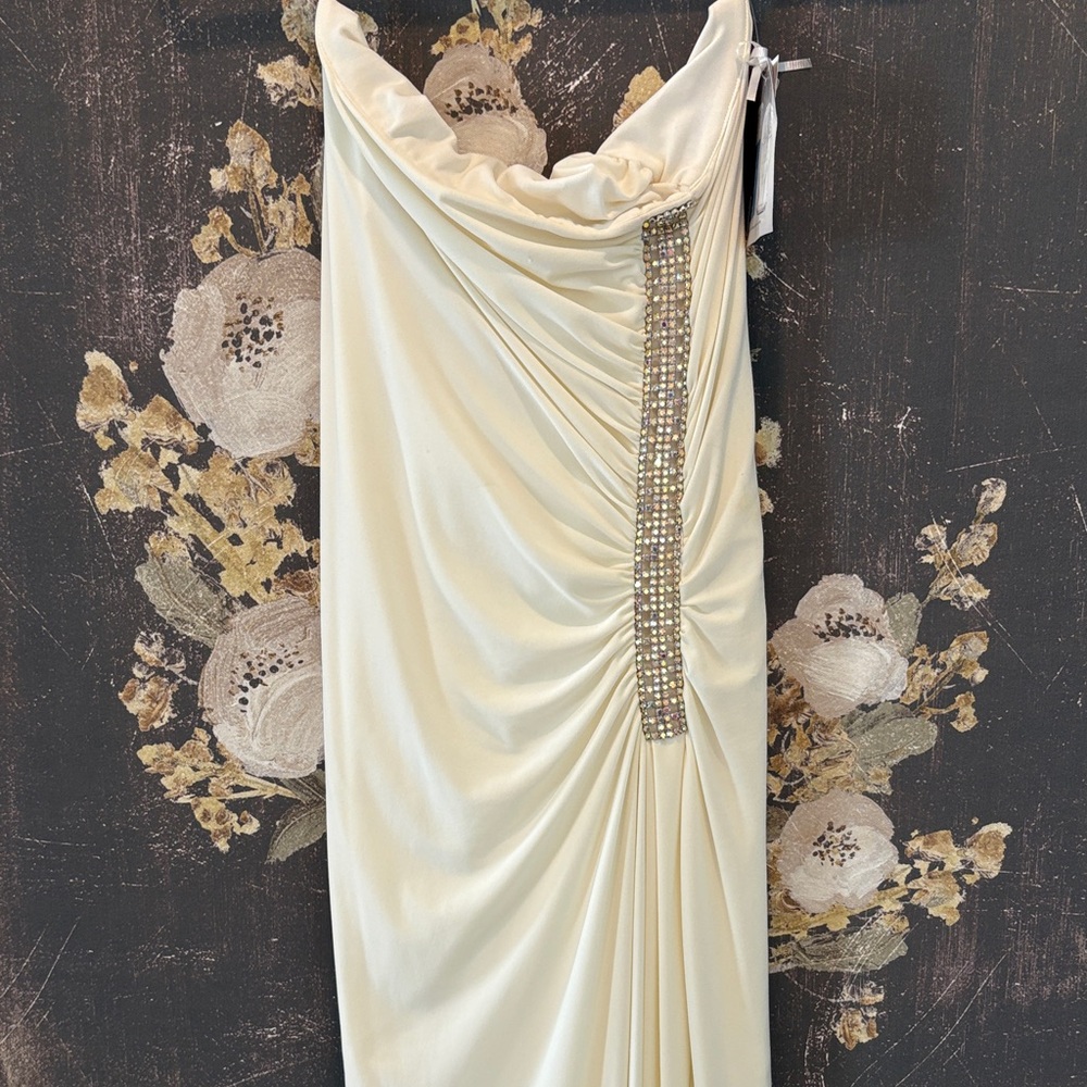 Jessica McClintock Strapless Cream Evening Gown with Beaded Trim